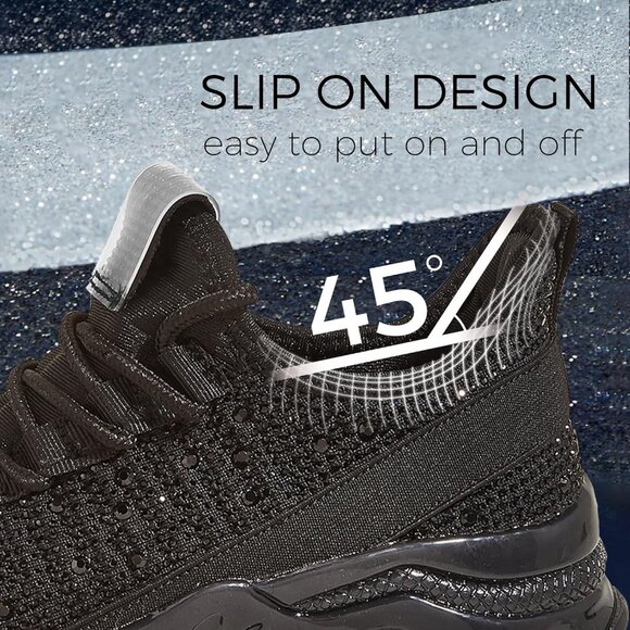 Women Black Rhinestone Mesh Slip On Walking Breathable Sparkle Glitter Sneaker - Picture 8 of 9